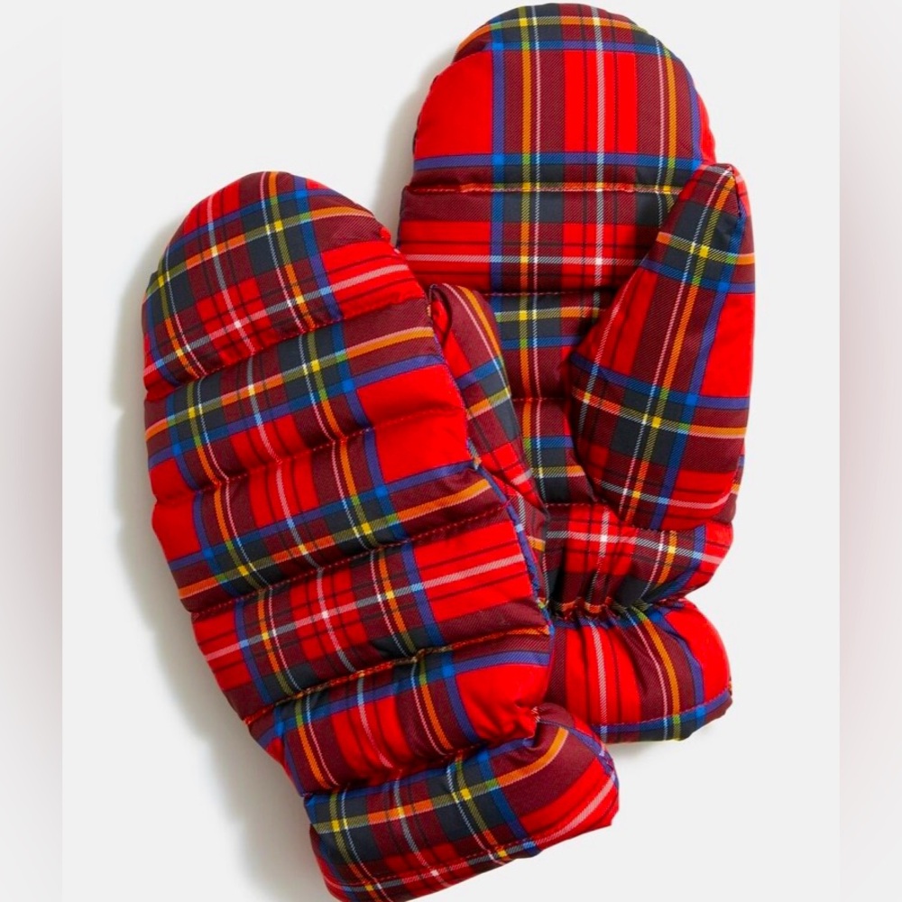 J Crew Women’s Red Tartan Plaid Puffer Mittens - One Size